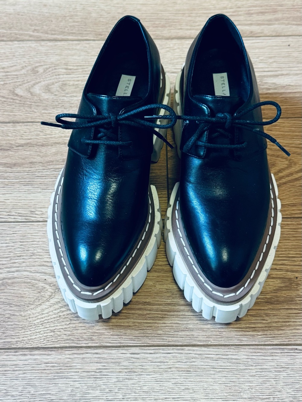 Stella McCartney Black Leather Chunky Platform Lace-Up Oxfords with White Soles